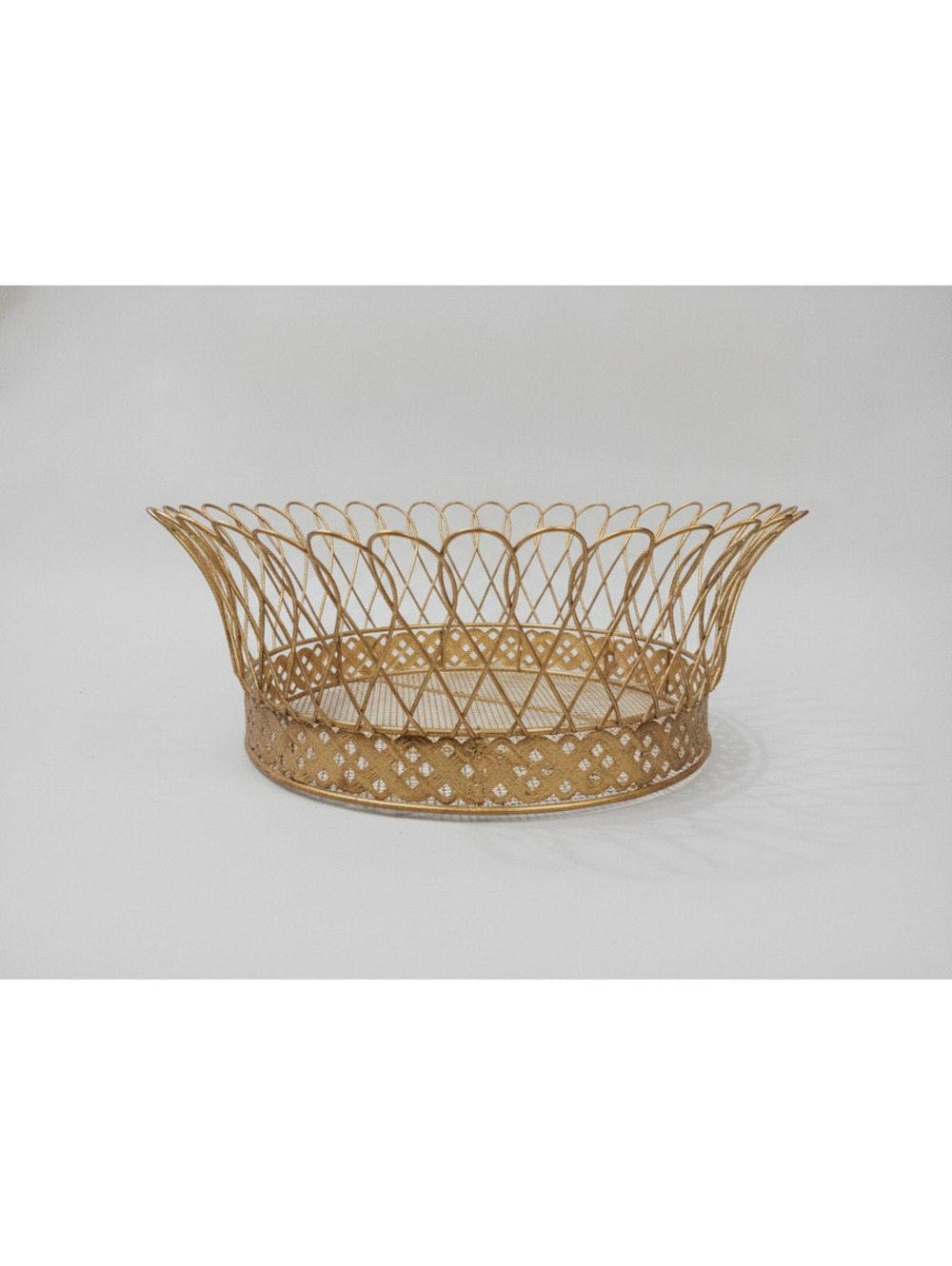 Vintage Gold-Tone Brass Wire Basket w/ Crown-Like Flared Rim & Lattice Base 14"